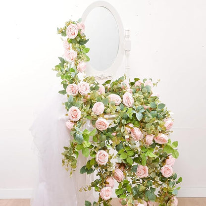 Artificial Flower Garland 2pcs 5.4ft Peony Vine Decor, Light Pink Flower | by PONKING