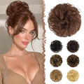 FESHFEN Women's Medium Auburn Wavy Curly Human Hair Messy Bun Hairpiece, 100% Real Hair, Easy to Use, Suitable for All Occasions