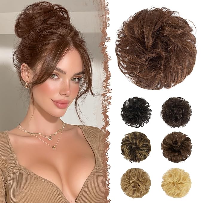 FESHFEN Women's Medium Auburn Wavy Curly Human Hair Messy Bun Hairpiece, 100% Real Hair, Easy to Use, Suitable for All Occasions
