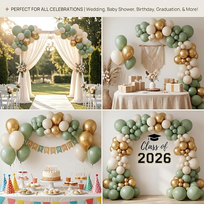 60pcs Sage Green and Gold Balloon Kit, 12 Inch Eucalyptus Olive Green Cream & - Image 5