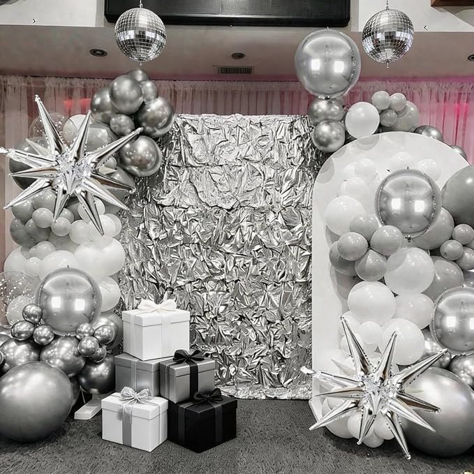 White Silver Balloons Garland Arch Kit, Confetti Silver Explosion Star 4D Foil - Image 5