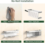 Hair Dryer Holder Wall Mounted Adhesive/Drilling, Hair Dryer Storage Organizer with Shelf & Hooks for Bathroom, Blow Dryer Holder, Hair Tool Organizer (White)