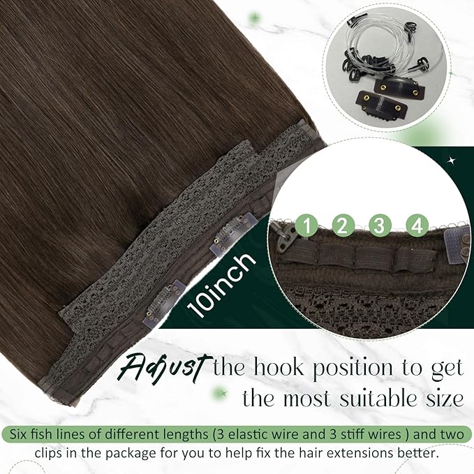 RUNATURE 20 Inch Wire Hair Extensions Real Human Hair, Invisible Wire Hair Extensions Brown 100g One Piece, Remy Soft Silky Hair, Easy to Install with Adjustable Transparent Fish Line #2 Dark Brown