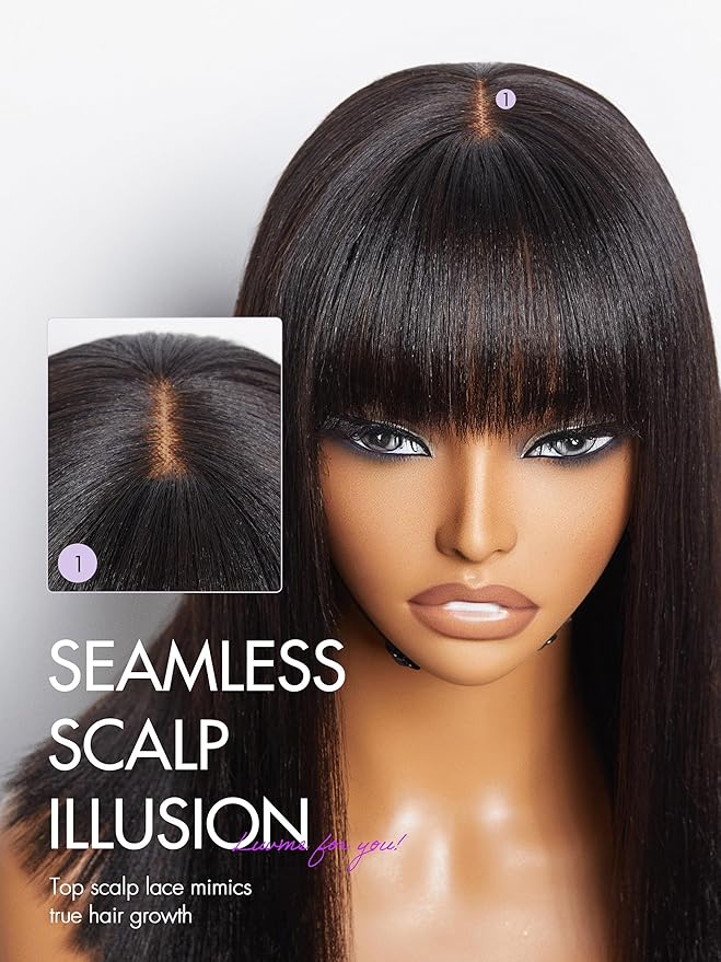 LUVME HAIR 14 Inch Light Yaki Straight Bob Wig with Bangs Human Hair Realistic HD Lace Short Black Bob Wigs, Ready to Go Blunt Cut Bob Wig Glueless 180 Density