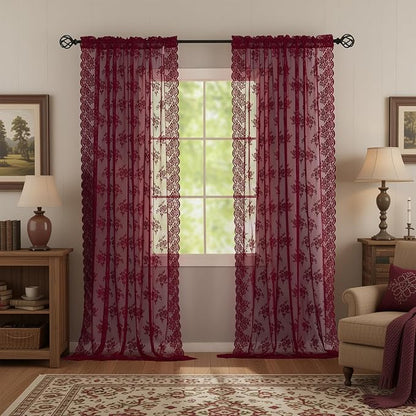 Kotile Burgundy Sheer Lace Curtains by Kotile+Curtains