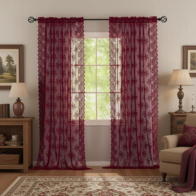 Kotile Burgundy Floral Sheer Curtains - Image 4