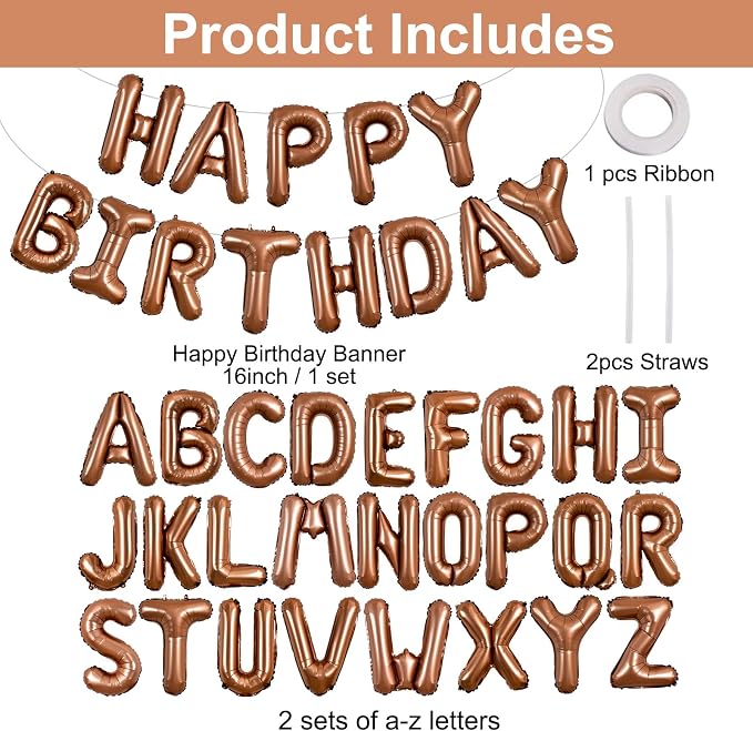 TONIFUL 65 Pcs 16 Inch Brown Happy Birthday Balloons and 2 Sets A-Z Foil - Image 2