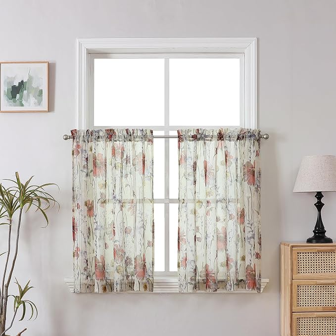 Crushed Sheer Kitchen Cafe Curtains Tiers 24 Inch Length 2 Panels, Printed by OWENIE