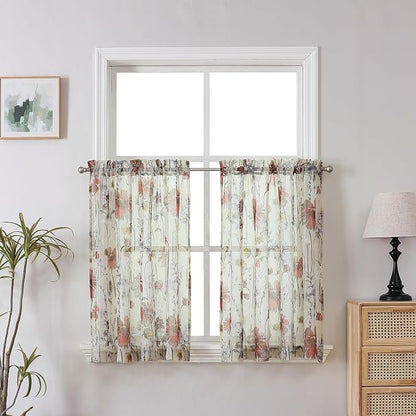 Crushed Sheer Kitchen Cafe Curtains Tiers 24 Inch Length 2 Panels, Printed by OWENIE