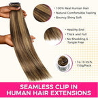 Lashey Seamless Clip in Hair Extensions Human Hair, 16 Inch 110g 7pcs Straight Balayage Chocolate Brown to Honey Blonde with Brown Root Highlight Clip in Hair Extensions for Women