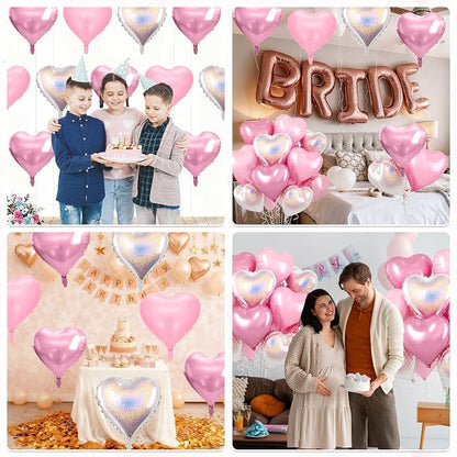 Pink and Silver Heart Balloons, 18 Inch Metallic Glitter Stars Foil Balloons - Image 6