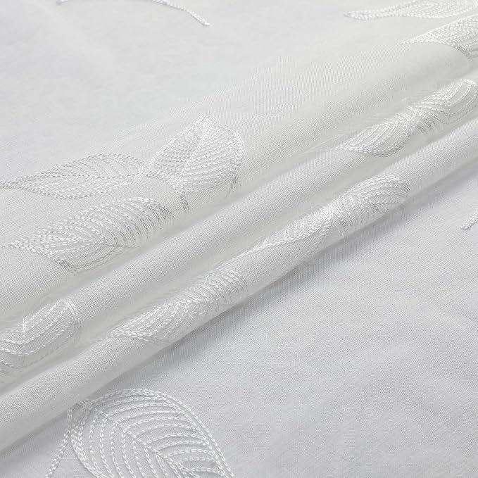 White Sheer Curtains Leaf Embroidered 63 Inches Long 2 Panels | Light Filtering - Image 7