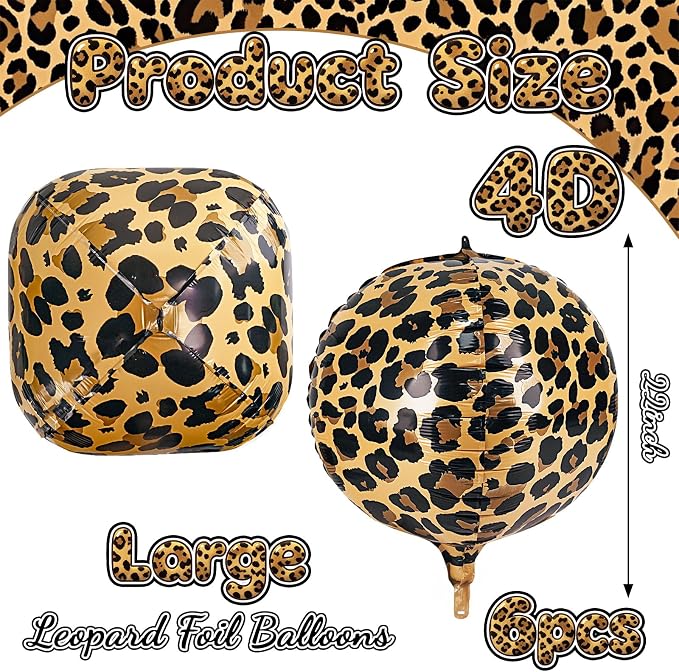Cheetah Print Balloons 6 Pcs Leopard Foil Balloons 22 Inch 4D Round Safari - Image 2