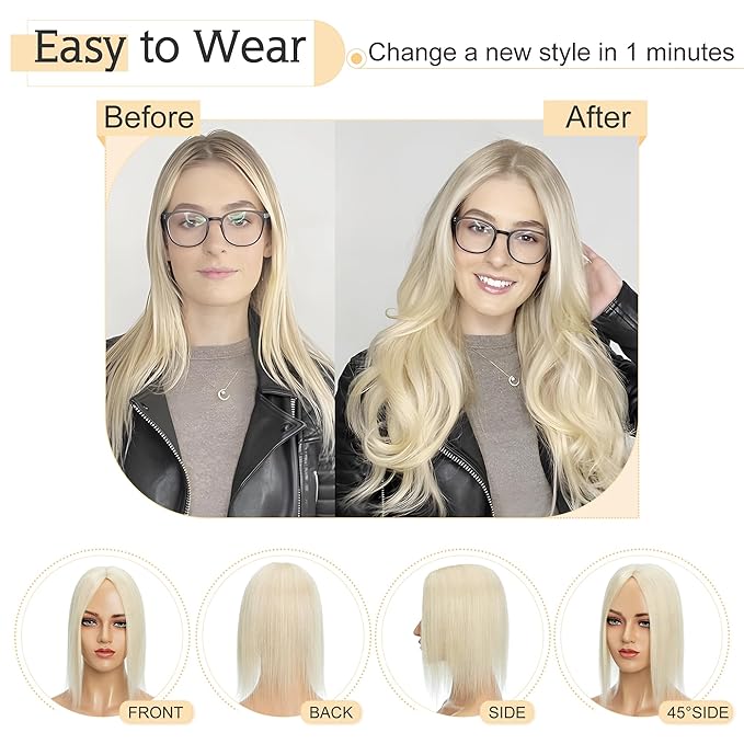 SEGO Human Hair Toppers for Women With Thinning Hair, 7 * 13CM Silk Base 100% Real Human Hair Clip in Top Wiglet Hairpieces /14 Inch No Bangs Platinum Blonde