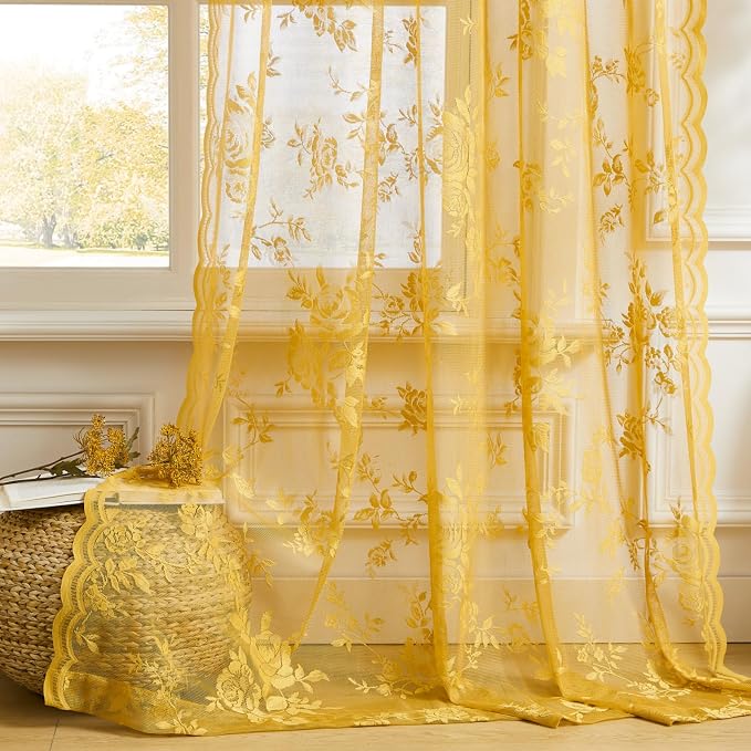 Yellow Lace Curtains 96 Inches Long 2 Panels Country Gold Flower Sheer Curtains - Image 6
