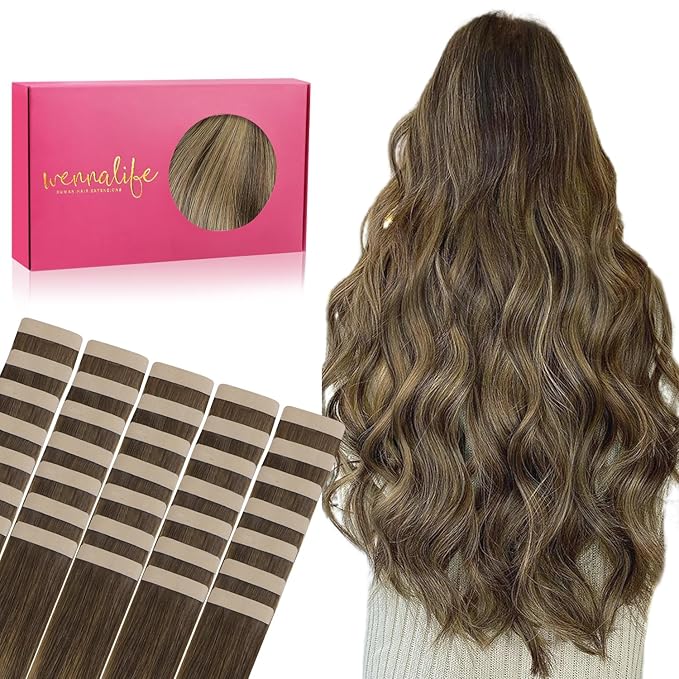 Wennalife Tape in Hair Extensions Human Hair, 40pcs 100g 22 inch Balayage Chocolate Brown to Caramel Blonde Hair Extensions Real Human Hair Straight Tape in Extensions Reusable Real Hair Extensions