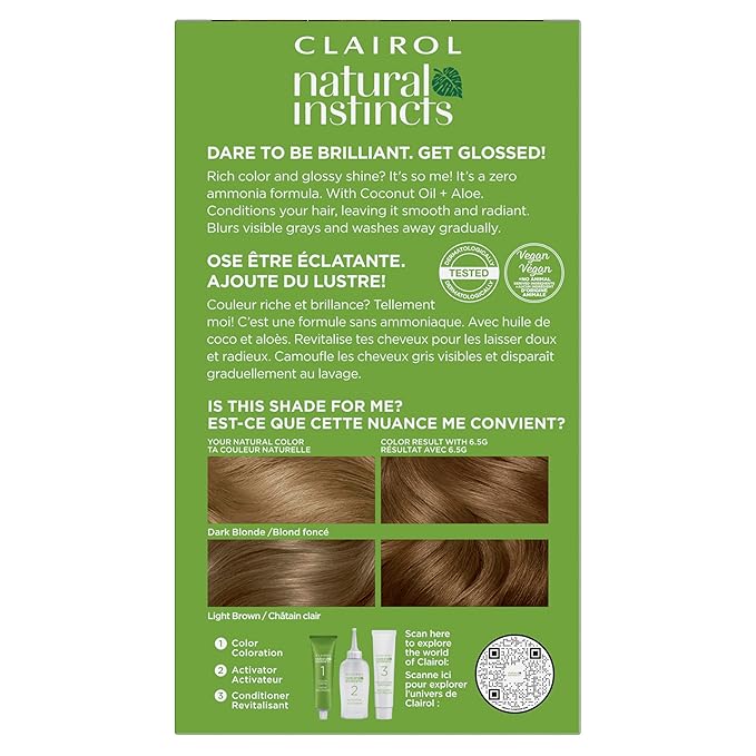 Clairol Natural Instincts Demi-Permanent Hair Dye, 6.5G Lightest Golden Brown Hair Color, Pack of 3