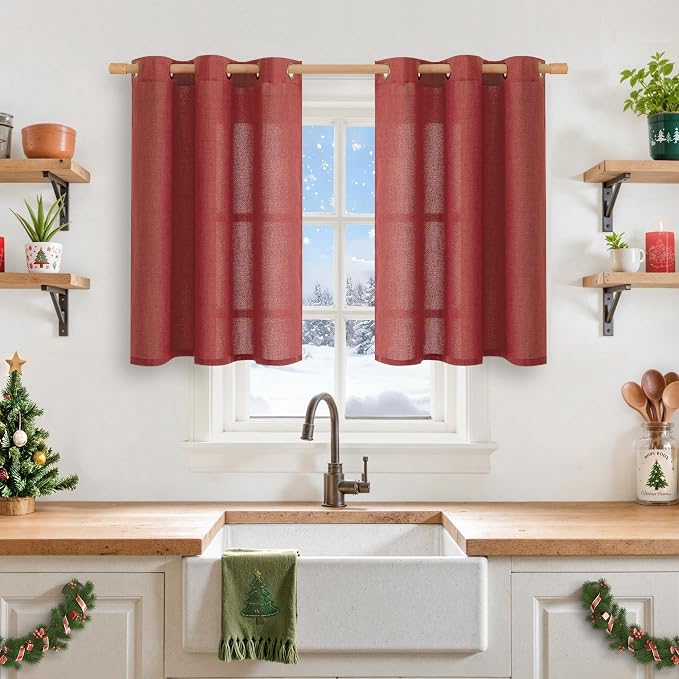 YoungsTex Burgundy Red Linen Curtains 36 Inch Length, Short Light Filtering by YoungsTex
