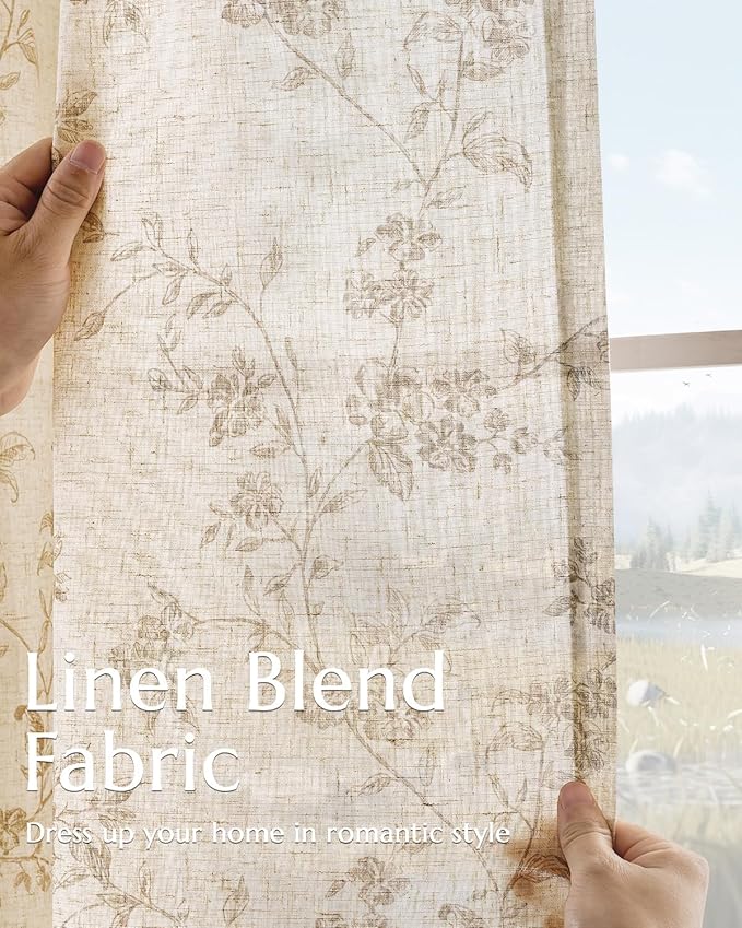 jinchan Taupe Floral Linen Curtains 96 Inch Farmhouse Back Tab 2 Panels | - Image 3