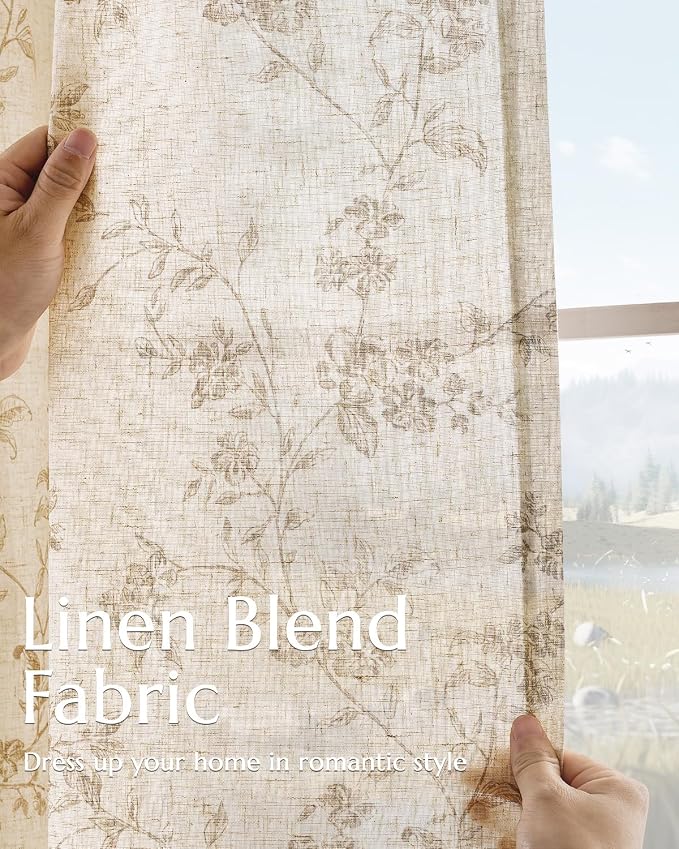 jinchan Taupe Floral Linen Curtains 84 Inch Farmhouse Back Tab 2 Panels | - Image 4