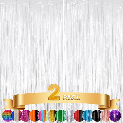 2Pack White Metallic Tinsel Foil Fringe Curtains, Fringe Backdrop - Image 5