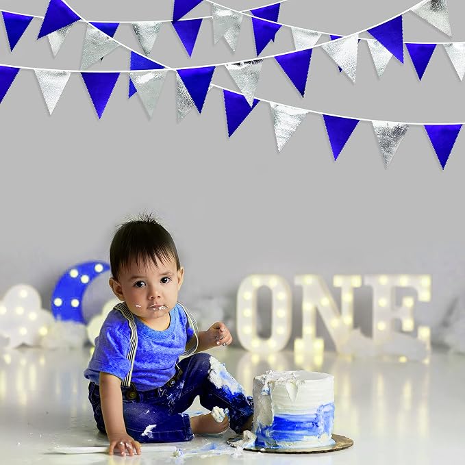 Royal Blue Silver Party Decorations Navy Blue Triangle Pennant Banner Flag - Image 6