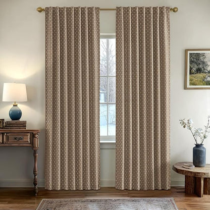 MIULEE Patterned Farmhouse Linen Curtains, Back Tab, Light Brown | Linen by MIULEE