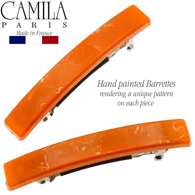 Camila Paris CP3041 French Hair Barrette Clip for Girls, Set of 2 Orange Rubberized Metal Clasp Strong Hold Grip Hair Clips for Women, No Slip Durable Styling Girls Hair Accessories, Made in France