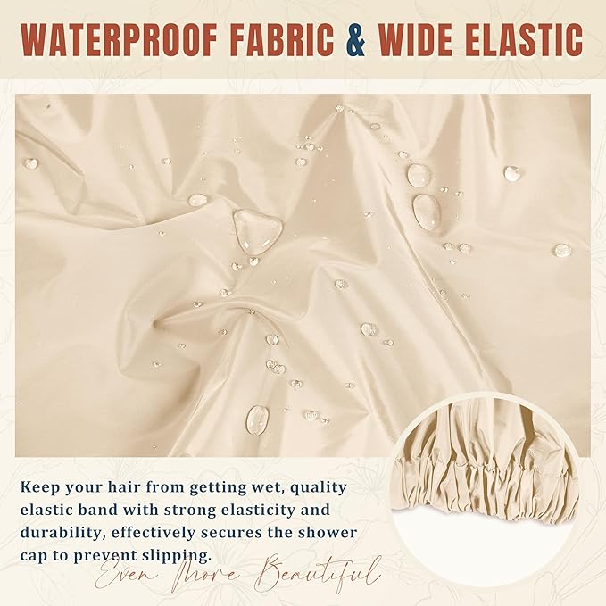 Reusable Shower Cap for Women, Stylish Large Waterproof Shower Bonnet Washable Wide Elastic Band Hair Cap for Long Hair, Braids Bath Hat(Champagne)