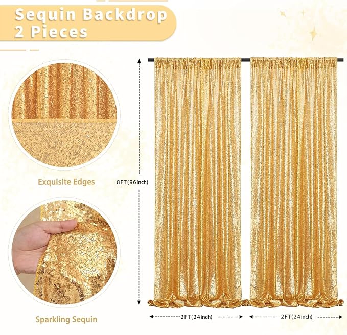 Gold Sequin Backdrop Curtain Panels Stage 2 Pieces 2FTx8FT Sheer Gold Curtains - Image 5