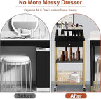 Large Makeup Organizer Cart with Hair Tool Holder, Rolling Makeup Cart with Drawer, 2-in-1 Vanity Organizer Cosmetic Display Cases for Skin Care Perfume Nail Polish Brush Tools, Gold & Black