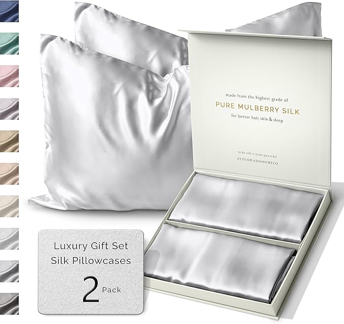 SUNDAYSILKS™ | Silk Pillow Cases 2 Pack | 22 Momme Mulberry Silk Pillowcase Set of 2 | All Sides 100% Pure Silk Slip Pillowcases Bliss for Couples, Zipper | Standard Queen, King Size [Silver Quartz]
