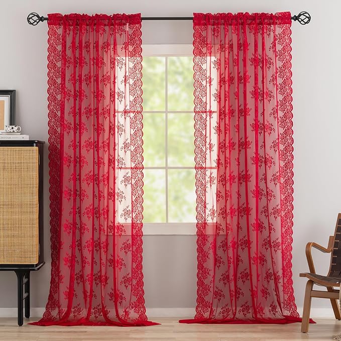 Kotile Red Sheer Curtains for Living Room Rustic Floral 52x96 Inch 2 Panels | - Image 6