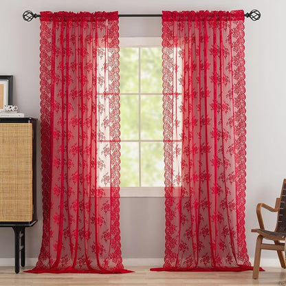 Kotile Red Sheer Curtains for Living Room Rustic Floral 52x96 Inch 2 Panels | - Image 6