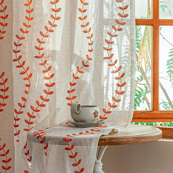 2 Panels Linen Leaf String Floral Embroidered Semi Sheer Curtain Farmhouse by AmHootextile
