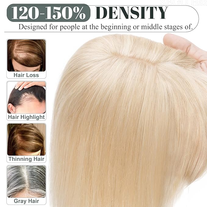 SEGO Hair Toppers for Women Real Human Hair with Thinning Hair, Toppers Hair Pieces Clip in Toppers Straight Hair Pieces with Front Bangs -6 Inch #18/613 Ash Blonde Mix Bleach Blonde