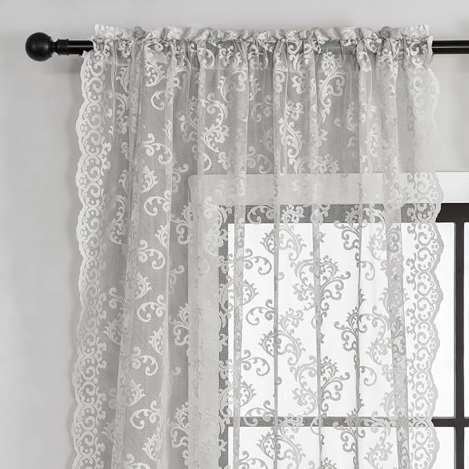FOLKSIDE Grey Lace Curtains 84 Inches Long 2 Panels Ash Vintage Paisley Lace - Image 3