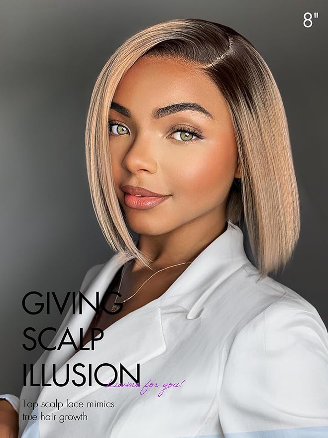 LUVME HAIR 12 Inch Ash Blonde Blunt Cut Bob Wig Human Hair Pre Cut Glueless HD Lace Closure Wig Mature Boss Side Parted Ombre Straight Short Wig