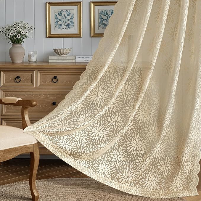 MIULEE Vintage Floral Scalloped Lace Curtains 2 Panels, Semi Sheer Curtains - Image 3