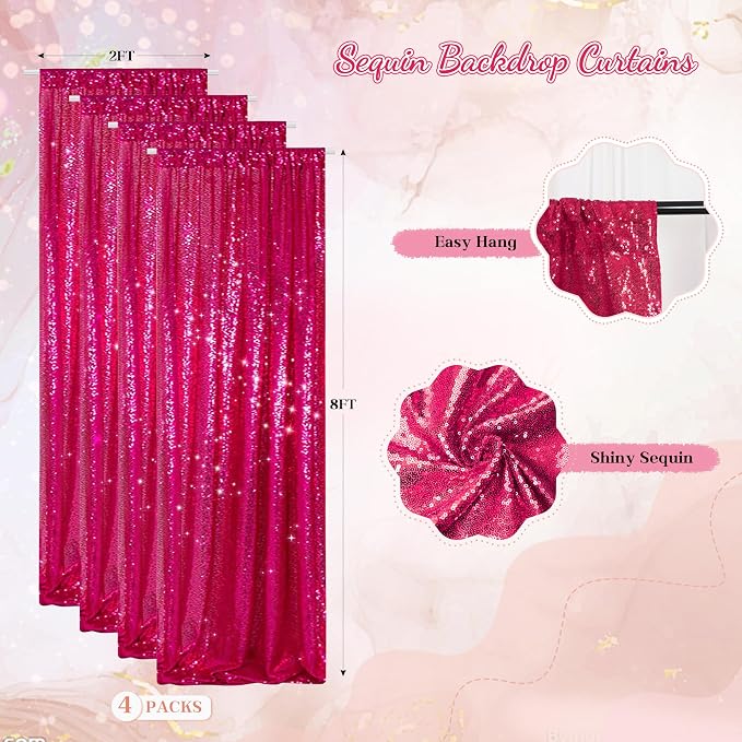 PartyDelight Hot Pink Sequin Backdrop Curtains 2x8ft 4 Panels | Sparkly 3mm - Image 2