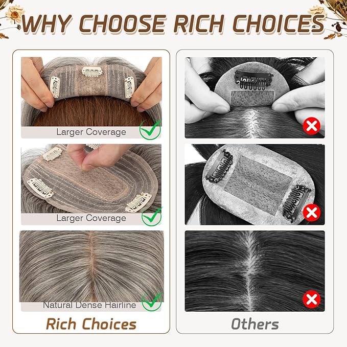 Rich Choices Hair Toppers for Women Real Human Hair 100% Human Remy Toppers NO Bangs for Women with Thinning on Top Clip in Hairpiece 4"x4.7"Lace Base 16 Inch Salt and Pepper G2 Sliver