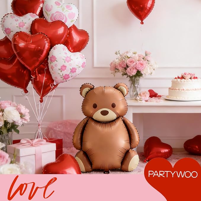 PartyWoo Latex Balloons 15pcs Foil Bear and Red Heart 24 18 Inch | Balloons - Image 3
