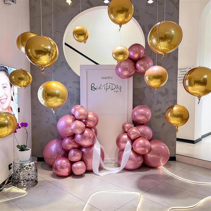 9 Pcs Pink Gold Round Foil Balloons Baby Light Pink Metallic Gold Chrome 4D - Image 7