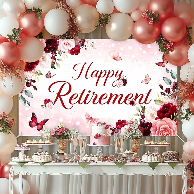 Happy Retirement Banner for Women Burgundy Floral Retirement Party Decorations - Image 2