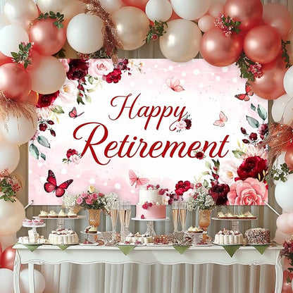 Happy Retirement Banner for Women Burgundy Floral Retirement Party Decorations - Image 2