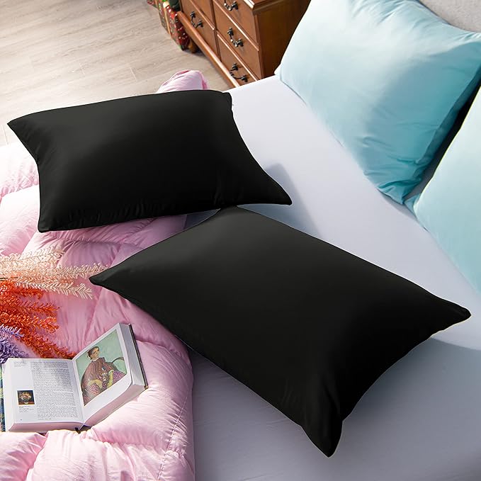 NTBAY Zippered Satin Pillow Cases for Hair and Skin, Luxury Standard Hidden Zipper Pillowcases Set of 2, 20x26 Inches, Black