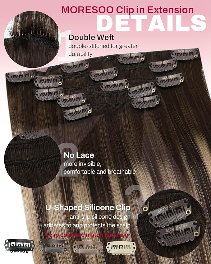 Moresoo Clip in Hair Extensions Real Human Hair Balayage Dark Brown with Caramel Blonde 5pcs 80g Remy Straight Invisible Lace Double Weft Ombre Human Hair Clip in Extensions 18inch