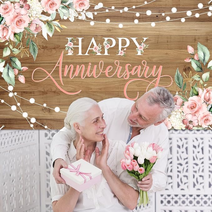 Avezano Happy Anniversary Backdrop Rustic Pink Floral Happy Anniversary Banner - Image 4