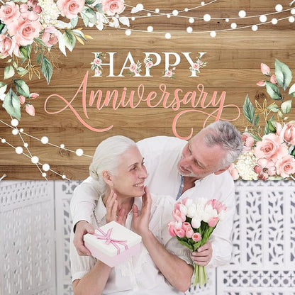 Avezano Happy Anniversary Backdrop Rustic Pink Floral Happy Anniversary Banner - Image 4