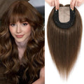 Hair Toppers for Women Real Human Hair, 360° 3D Toppers Pieces for Women with Thinning Crown Wispy Bangs 14 Inch Upgrade Big Basement (Medium Brown, 14 Inch Wispy Bangs)